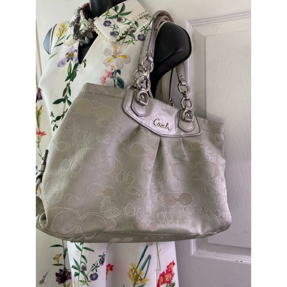COACH Large Silver Jacquard Fabric Tote Bag - Picture 7 of 13